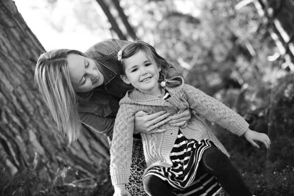 black white mum and daughter portrait